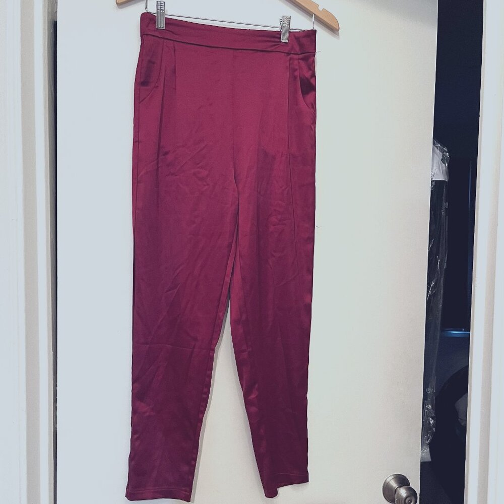 Red Satin Pants with Elastic Waist & Front Pockets – Size‎ Medium